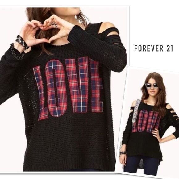 FOREVER 21 Plaid LOVE on Black Sweater Ladder Cut Cold Shoulder - Picture 1 of 9